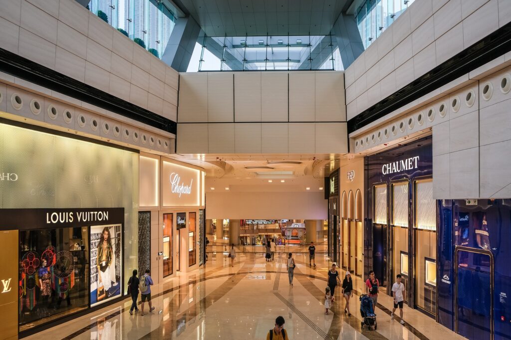 A mall view showing different luxury stores