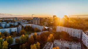 Apartment buildings with a beautiful sunset in the background