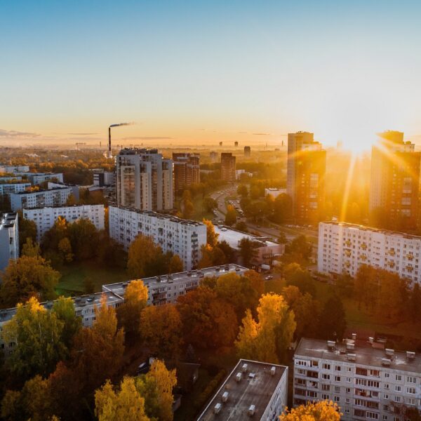 Apartment buildings with a beautiful sunset in the background