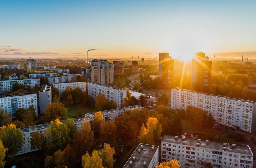 Apartment buildings with a beautiful sunset in the background